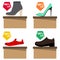 Sale of shoes, shoes are on cardboard boxes with labels