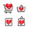 Sale shop bag basket and cart icons. Discount symbol. Special offer label with hearts. Vector stickers