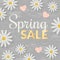 Sale sign with flat flowers over wooden table. Springtime concept. Vector illustration