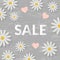 Sale sign with flat flowers over wooden table. Springtime concept. Vector illustration