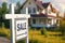 For sale sign in focus, blurred house background, real estate