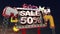 Sale sign 'SALE 50%' in led light billboard promotion.