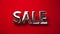 SALE in a sleek silver font on a fiery red background