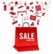 Sale tag banner , furniture with a lot of furniture come out of a shopping bag
