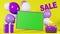 Sale text discount banner Hot offer Best price 3d animation yellow background. Purple gift box levitating white balloons