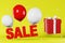 Sale text discount banner Hot offer Best price 3d rendering yellow background. Red gift box levitating white balloons