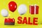 Sale text discount banner Hot offer Best price 3d rendering yellow background. Red gift box levitating white balloons