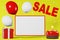 Sale text discount banner Hot offer Best price 3d rendering yellow background. Red gift box levitating white balloons