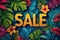 SALE text overlaying a lush tropical scene with bold foliage and florals offering a vibrant visual