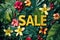 SALE text overlaying a lush tropical scene with bold foliage and florals offering a vibrant visual