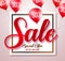 Sale text typography vector banner with percent written in red balloons