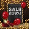 Sale, up to 50% off, banner with chalk Board, yellow garland, gift and red balloons