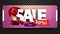 Sale, up to 50% off, horizontal pink banner with large letters, red ribbon and gift with balloon