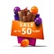 Sale, up to 50% off, vertical cartoon discount banner with balloons and gift boxes