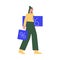 Sale with Woman Character Carrying Blue Bag Shopping and Making Purchase Vector Illustration