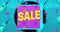 Sale written in yellow with blue retro cellphones and graphic elements moving on colourful backgroun