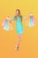 Sale. Young woman with many shopping bags. Portrait of a girl on shopping
