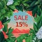 Sales flyer with the inscription sale 15%, tropical background, summer sale