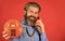 Sales script. Bearded man phone conversation. Retro phone. Outdated technology. Manager phone dialog communication. Call