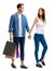 Sales, shop, retail, consumer - young couple with shopping bags, going for purchases, looking at each other, holding hands