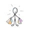 Sales shopping. Vector simple shopaholic holding many brand bags. Buying new clothes passion. Stickman no face clipart cartoon.