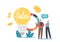 Sales Strategies and Business Idea. Tiny Businessman and Businesswoman Characters at Huge Light Bulb and Pie Info Chart