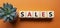 Sales symbol. Concept word Sales on wooden cubes. Beautiful orange background with succulent plant. Business and Sales concept.