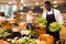 Salesman filling crates of vegetables