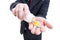 Salesman wearing suit and handing, giving offering pills