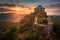 Salgotarjan, Hungary - Aerial view of the ruins of Salgo Castle Salgo vara in Nograd county with a beautiful dramatic sunset