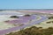 The Salin-de-Giraud salt farm with pink purple salty sea water with algae, salt mining in Europe