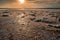 The Salinas of Torrevieja at sunset, a lagoon that produces salt by evaporation and is pink in color due to the microorganisms