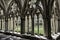 Salisbury Cathedral, magnificent geometric pattern of medieval art. Tracery on gothic style architecture in cloister courtyard.