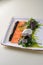 Salmon Appetizer, Carpaccio, Salmon Slices with Cream Cheese and Salad on Bright Background