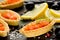 Salmon appetizer in tartlets with salt, lemon and black olives