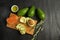 Salmon on bread slices gourmet appetizer with avocado. Fresh salmon   and avocado sandwich. Healthy food concept.