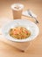 Salmon Carbonara Spaghetti with Milk Tea