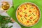 Salmon, chees, green bean and onion quiche