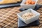 Salmon creamy tartar with toasts on slate board