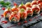 Salmon Eel Sushi, Dragon Rolls Set with Cream Cheese, Raw Fish, Rice, Cucumber, Flying Fish Caviar