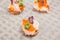 Salmon eggs, fish, and herbs canapes