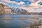 Salmon farm in norwegian fjord, winter landscape, Lofoten Islands, Norway