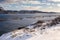 Salmon farm in norwegian fjord, winter landscape, Lofoten Islands, Norway