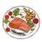 Salmon Filet on a Plate with Potato Wedges, Tomatoes and Herbs. Roasted Fish Cut. Seafood Logo. Sea Restaurant Menu