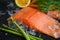 salmon fillet with lemon asparagus herb and spices, fresh raw salmon fish on ice for cooking food seafood salmon fish