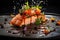 Salmon fillet with vegetables and sauce on a black background, Unveil the culinary artistry with macro food photography, capturing