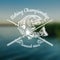 Salmon fish with fishing rod in engrving style. Logo for fishing, championship and sport club on blurred landscape photo