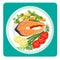 Salmon fish meat slice and vegetables vector illustration