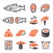 Salmon fish and product icon set