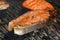 Salmon fish steak barbecue grill cooking close up